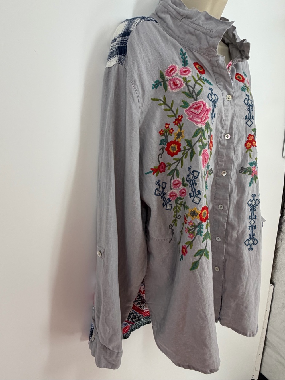 John Mark Linen Embroidered Floral Patchwork Tunic Shirt Boho Cottagecore XL - Picture 5 of 15